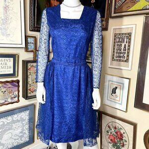 60s Vintage Blue Lace Long Sleeve Wiggle Dress with Detachable Overskirt Size S